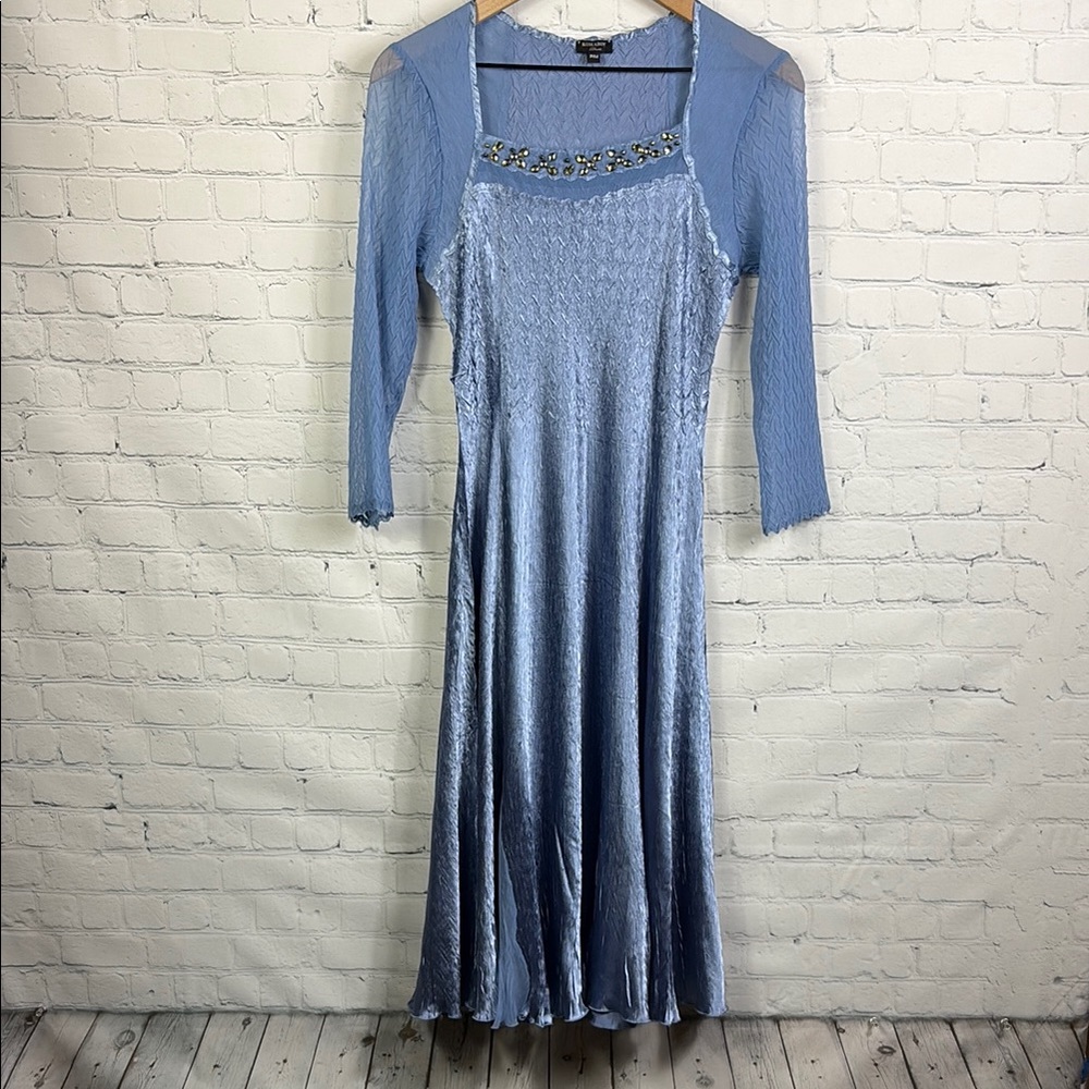 KOMAROV Beaded Squareneck 3/4 Sleeves Blue Midi Dress size PM